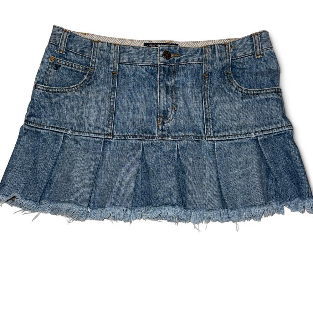 Vintage Y2K American Eagle Dutfitters denim frayed ruffle hem mini skirt size 8